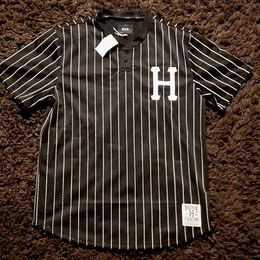 HUF Black and White Striped baseball Jersey